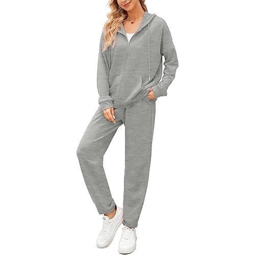 AUXDIO Women 2 Piece Outfits Tracksuit Casual Zip Up Hoodie Sweatsuits Jogging Long Pant Set