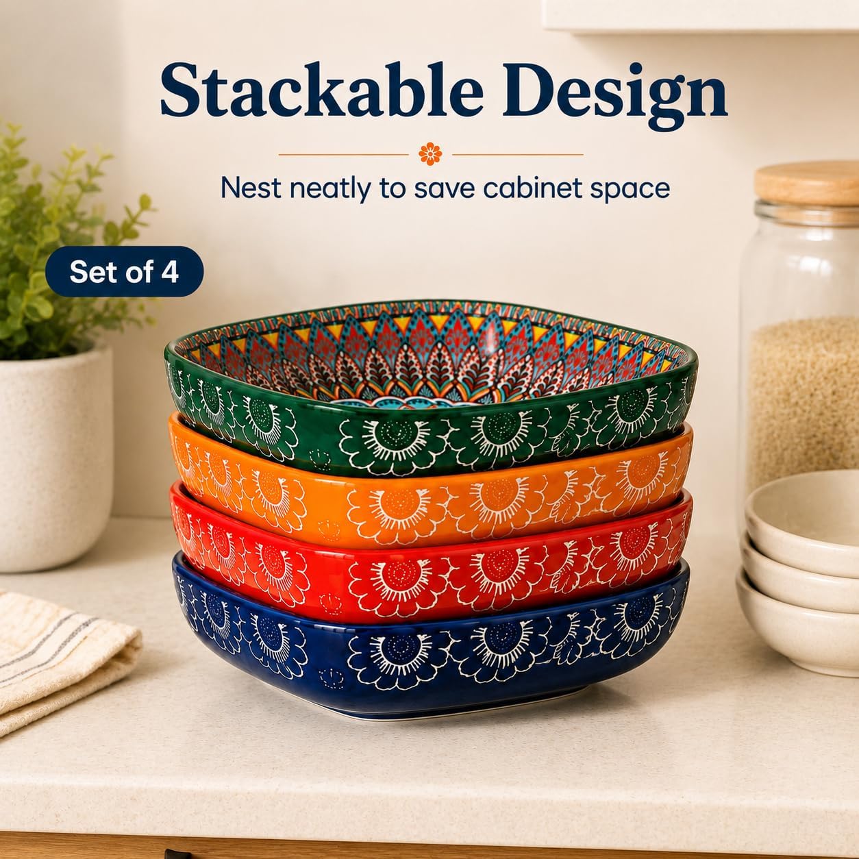 Bohemian Ceramic Bowl Set of 4, 12 oz Square Bowls