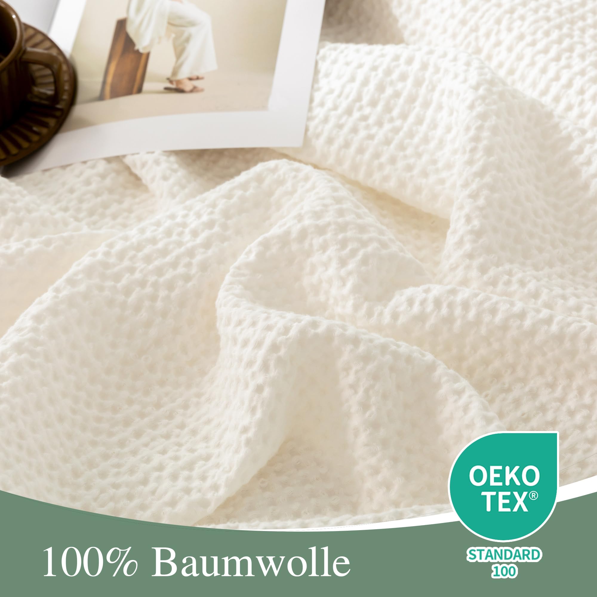 CHUFFED Coperta 100% cotone 150 x 200 cm, morbida e traspirante, motivo a nido d'ape, leggera, ideale come copridivano, copriletto, soffice e accogliente per il soggiorno, divano, bianco