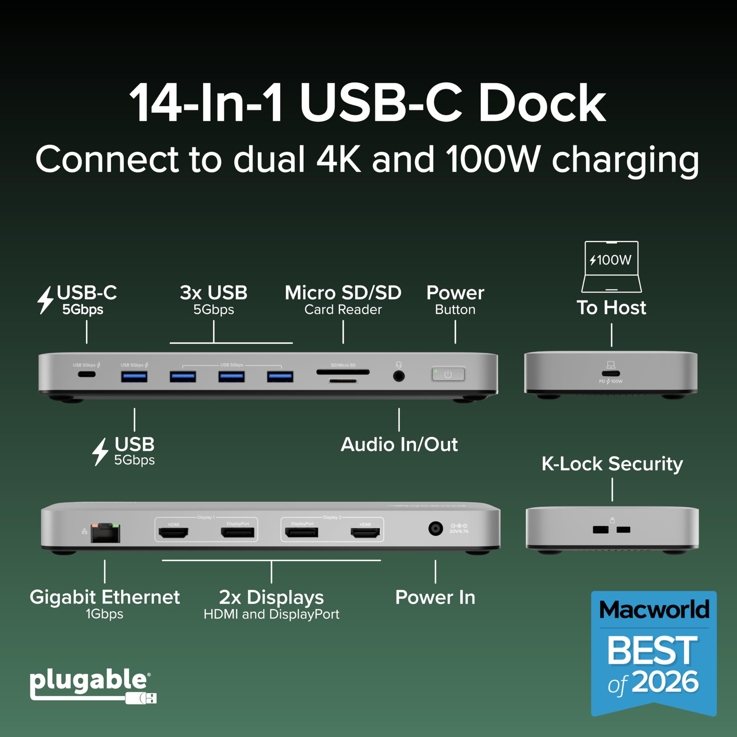 Plugable USB C Laptop Docking Station Dual Monitor 4K 60Hz for Apple Mac M1M2M3M4M5Neo 2X HDMI or DisplayPort for MacBook 100W Charging DisplayLink Dock Driver Install Required UD-6950PDH product thumbnail 3