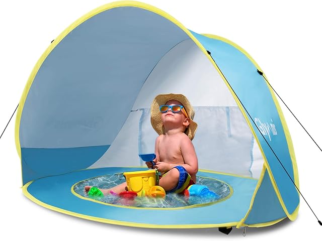 Glymnis Pop Up Baby Beach Tent Automatic Portable Lightweight UV Protection Sun Shade Shelter with Baby Pool for Family Picnic Garden(Blue)