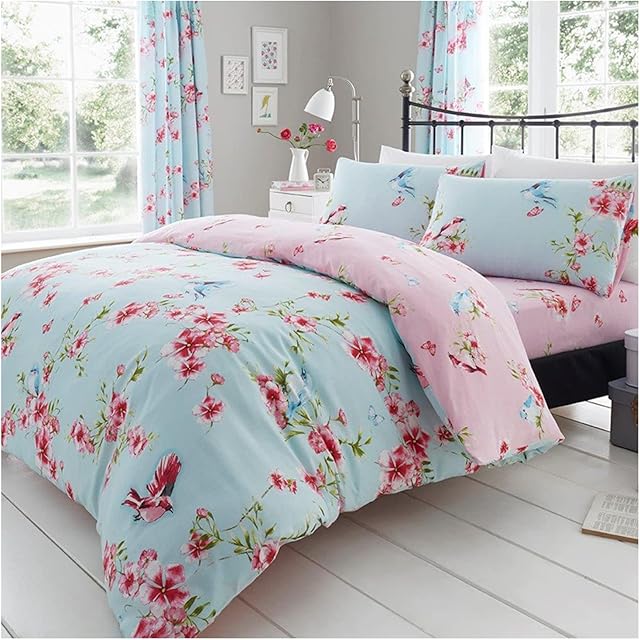 GC GAVENO CAVAILIA Luxury Floral Super King Size Duvet Set Blue Bedding, Easy Care Birds Print Polycotton Reversible Quilt Sets