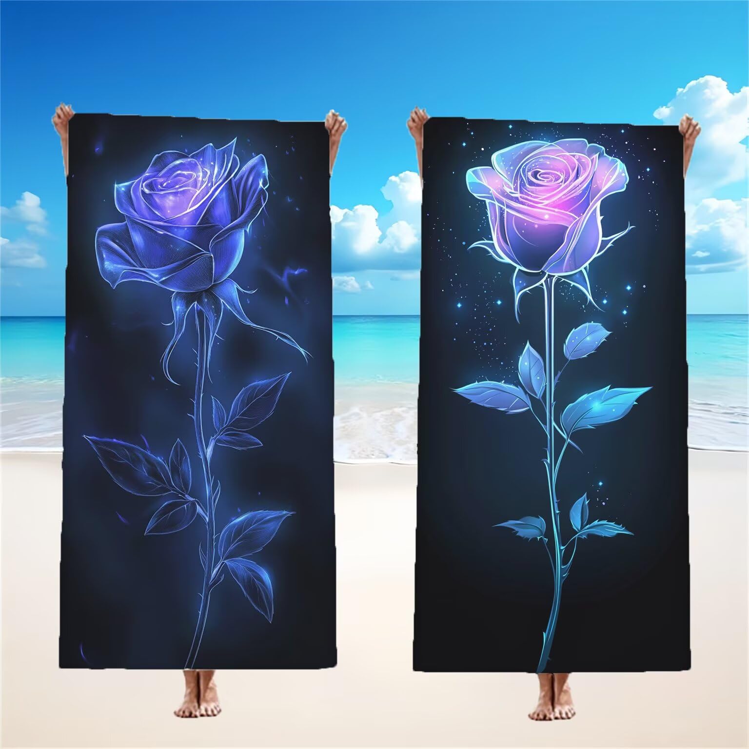 Ręcznik plażowy z mikrofibry, róże, ręczniki plażowe, marzenie, bardzo duży, 90 x 180 cm, 2 sztuki, unikalna konstrukcja zatrzaskowa, bez piasku, szybkoschnący, lekki, podróżny ręcznik z torbą na