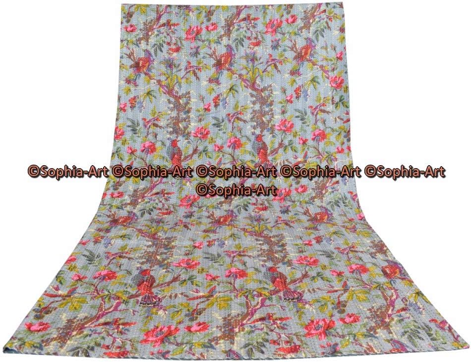 Sophia-Art Twin/King Bed Bohemian Bird Queen Bedspread Handcrafted Handmade Quilt Kantha Bird Print Cover Unique Blanket Bedding Quilt (Grey, California King 108 * 108 Inches)