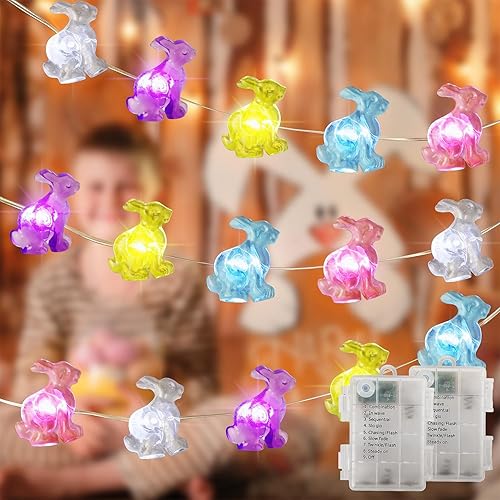 Miniatura 6 de WATERGLIDE Paquete de 2 luces decorativas de Pascua, 16 pies, 50 luces LED cada una colorida guirnalda de luces de conejo, funciona con pilas, 8