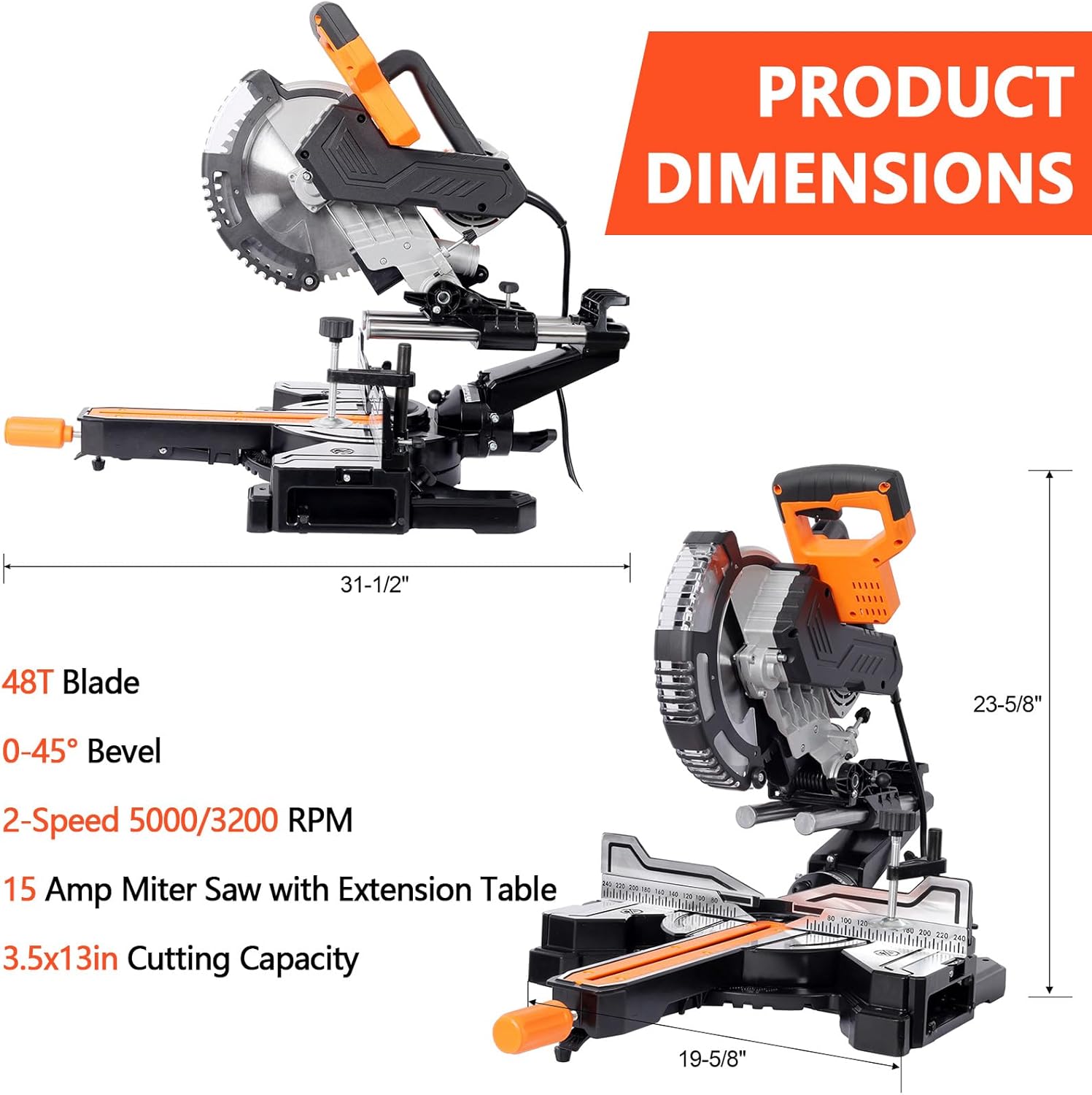 10inch Dual Bevel Double Speed Sliding Miter Saw with LED, 48T Blade,0-45° Bevel,2-Speed 5000/3200 RPM,15Amp Miter Saw with Extension Table,3.5x13in Cutting Capacity (Black)