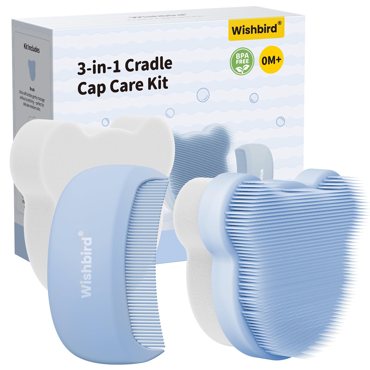 Kit de cepillos para costra láctea Wishbird Cloud Baby, set 3 en 1 para el baño de bebés recién nacidos con cepillo suave, peine curvo y esponja de baño, sin BPA, fácil de usar | Artículos esenciales para el baño - Esponja extra, azul brisa