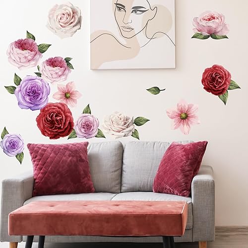 Miniatura 6 de Amaonm - 12 calcomanías de pared de flores sin pegamento de 9.5 x 9.5 pulgadas, diseño de margaritas blancas grandes, peonías coloridas, calcomanías