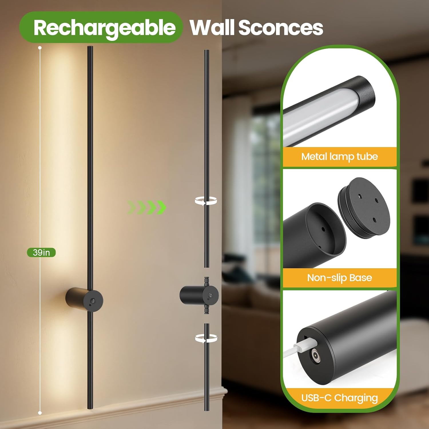 NIORSUN Battery Operated Wall Sconce Set of 2, 39 Inch Wireless Wall Sconces with Remote, 3 Color Dimmable Rechargeable Wall Lights, 360° Rotate Detachable Sconces Wall Decor for Bedroom Living Room