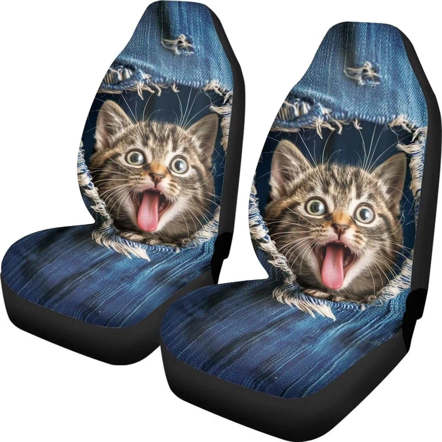 Xoenoiee Cute Cat Denim Pattern Car Seat Cover with Elastic Straps, Durable and Comfortable Car Seat Protector Suitable for Small Cars, Trucks, and Vans