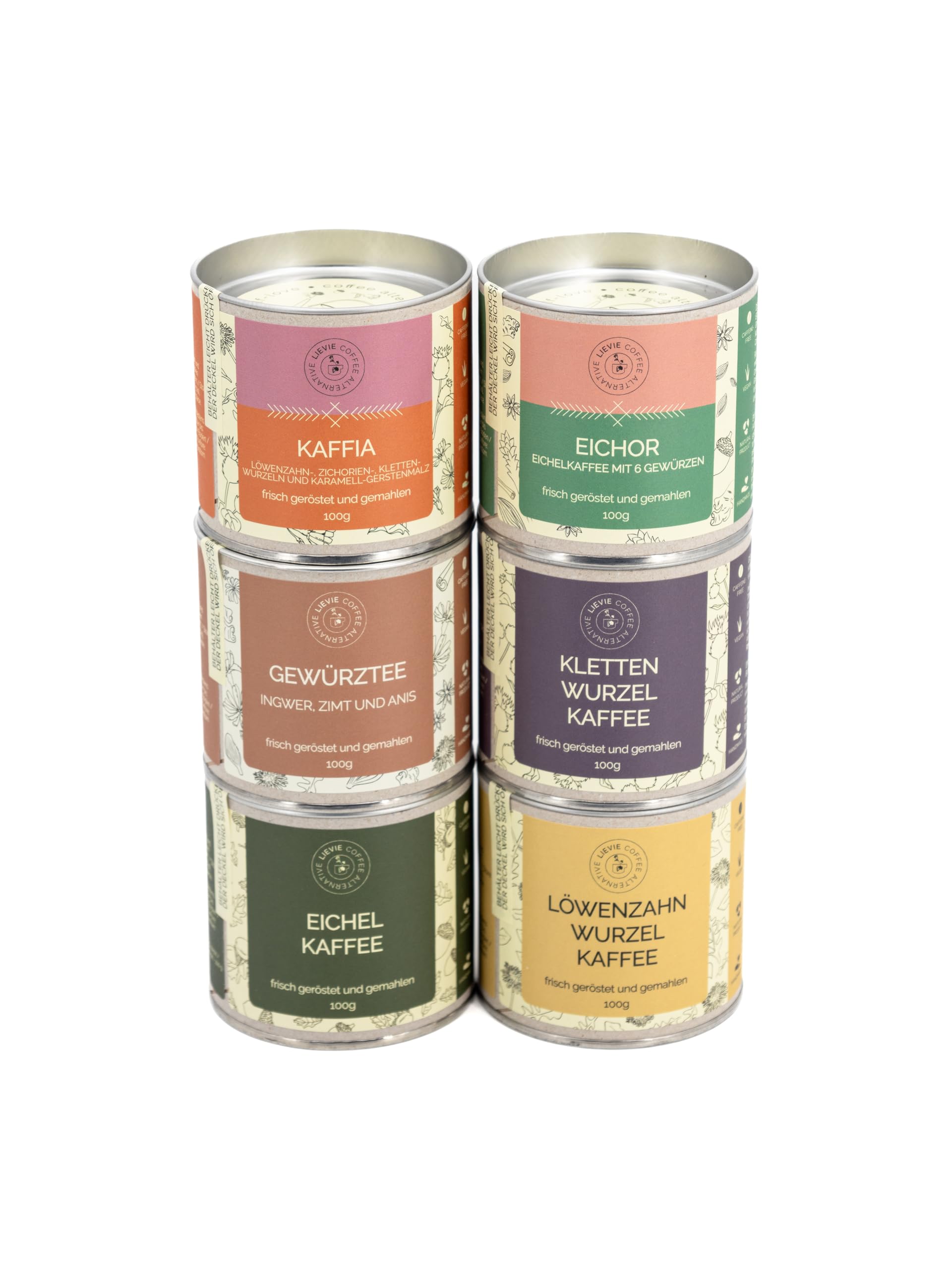 Sechs Kaffeealternativen-Set von LIEVIE. Koffeinfreie Kaffeealternativen 600g - EICHELKAFFEE, LÖWENZAHNWURZELKAFFEE, KLETTENWURZELKAFFEE, GEWÜRZTEE, EICHOR und KAFFIA