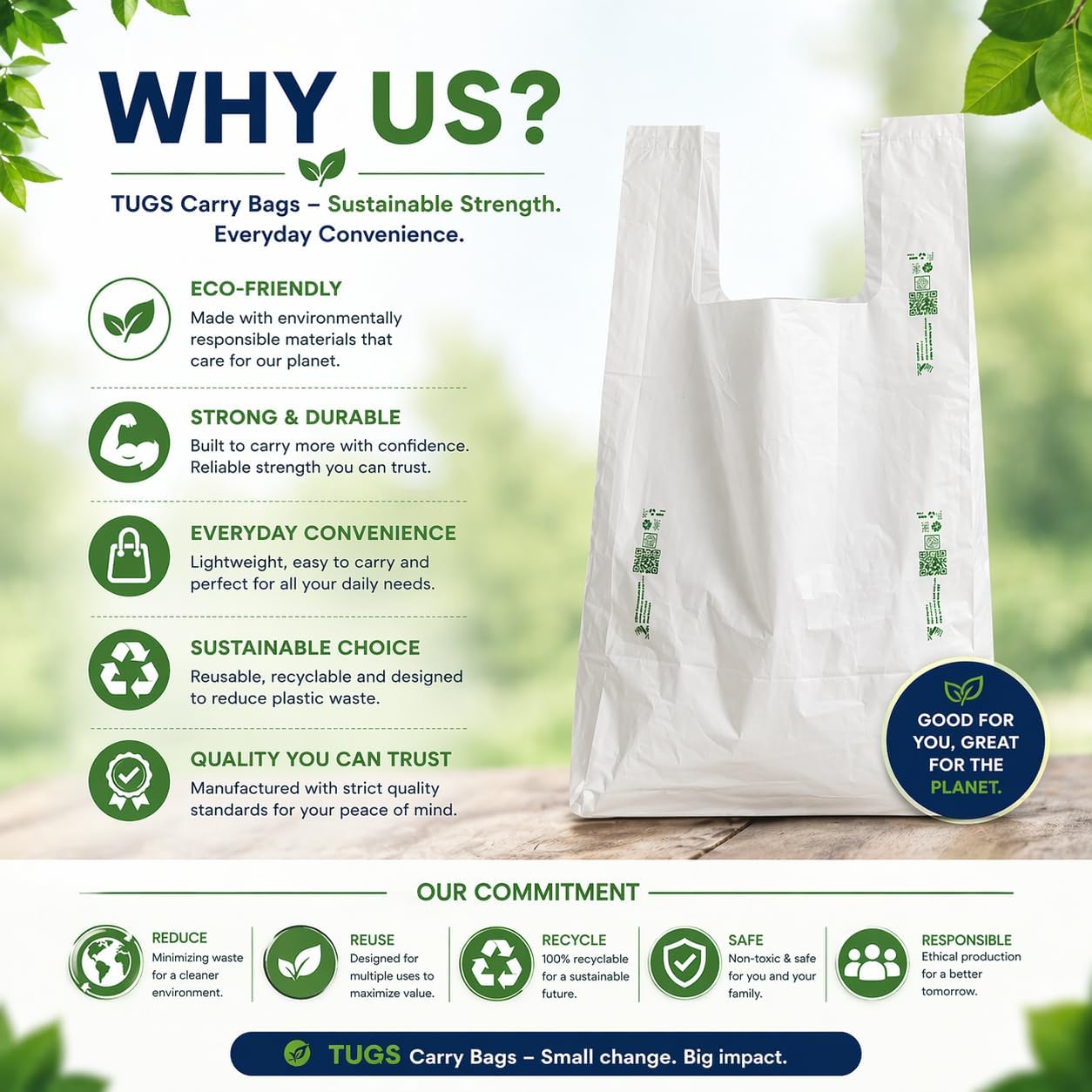 Tugs Eco-Friendly Grocery Carry Bags, Size 27x30 | Pack of 12 Pieces | Durable, Reusable & Environmentally Friendly Shopping Bags 2