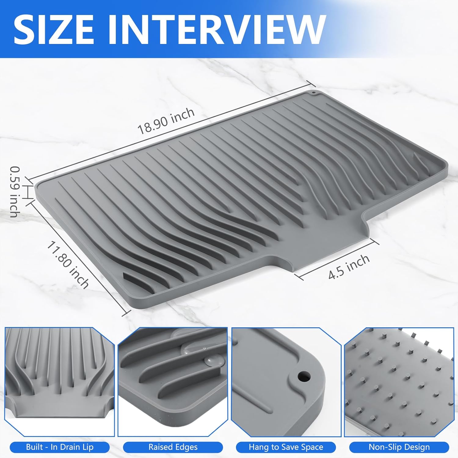 Silicone Dish Drying Mat for Kitchen Counter, Dish Drainer Mat, Non-Slip Drying Pad with Built-in Drain, Kitchen Drying Matt For Counter(18.9" x 11.8", Gray) - Image 2