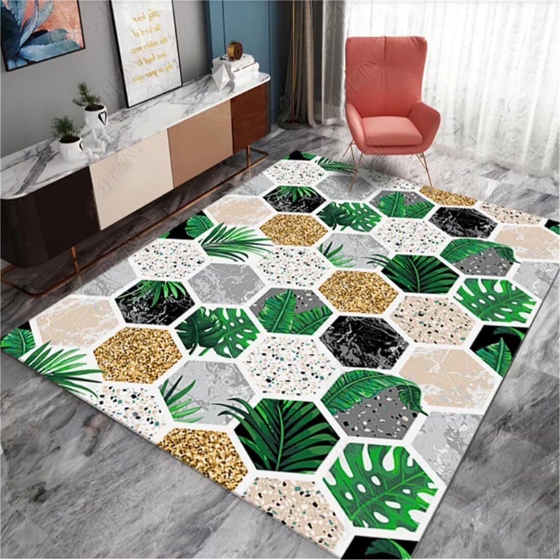 Tapis de chambre rose et vert pour créer un coin lecture cosy au salon