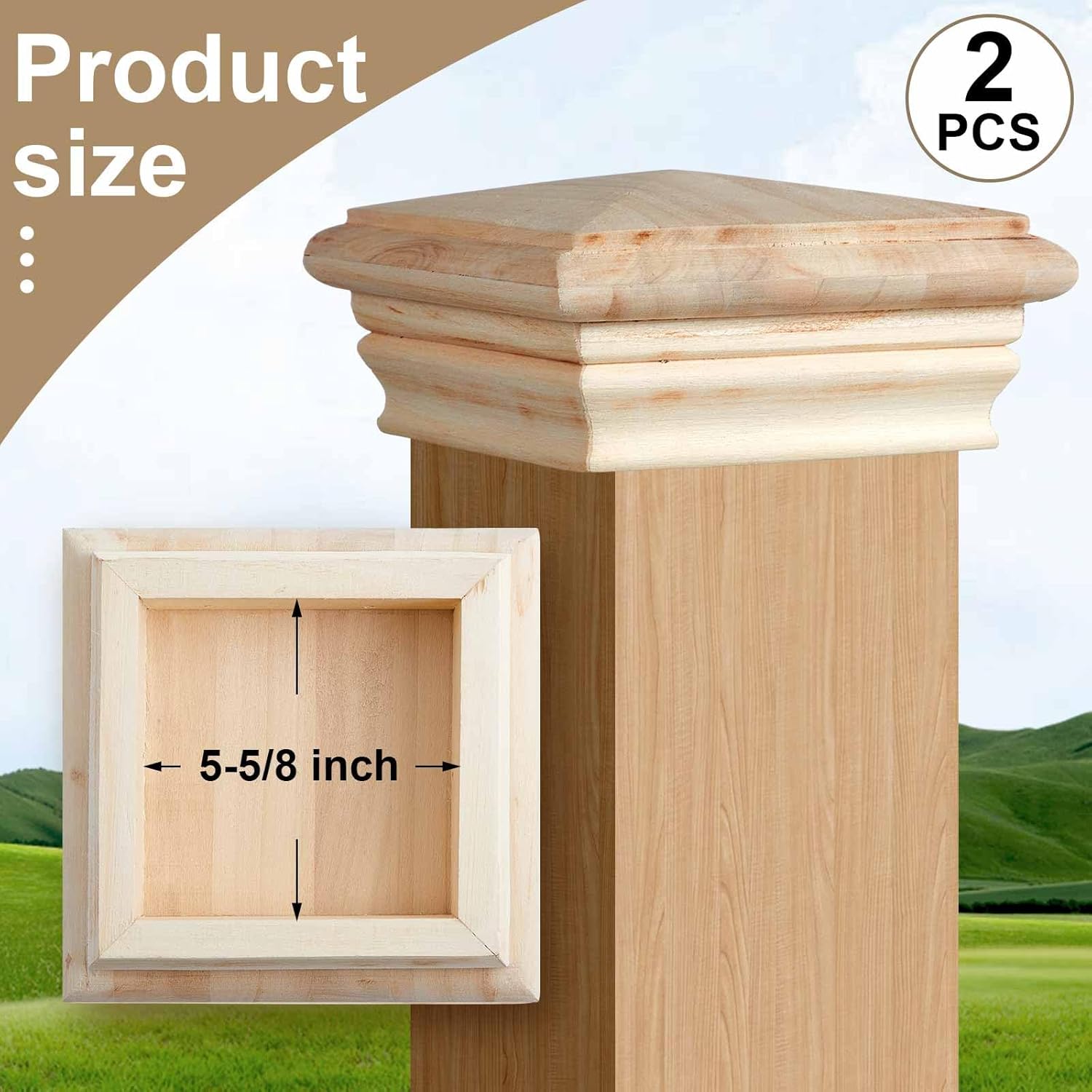 Geetery 2 Pcs 6 x 6 Inch (Actual 5.5'' x 5.5'') Wood Newel Post Cap Fence Post Cap for 5-5/8 Fence Topper Top Resistant Decking Caps for Outdoor Fences, Mailboxes and Decks (Poplar)