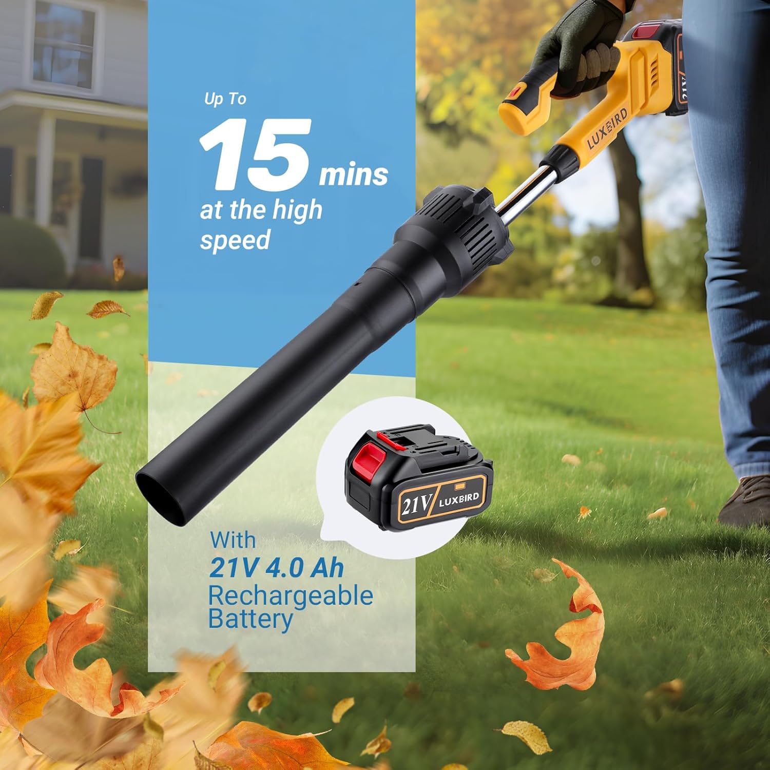 LUXBIRD 21V Leaf Blower Cordless with Battery and Charger, 5 Variable Speed Up to 150 MPH, Lightweight, 4.0Ah Battery Powered for Cleaning Lawn, Courtyard, Garage, Rooftop, Snow