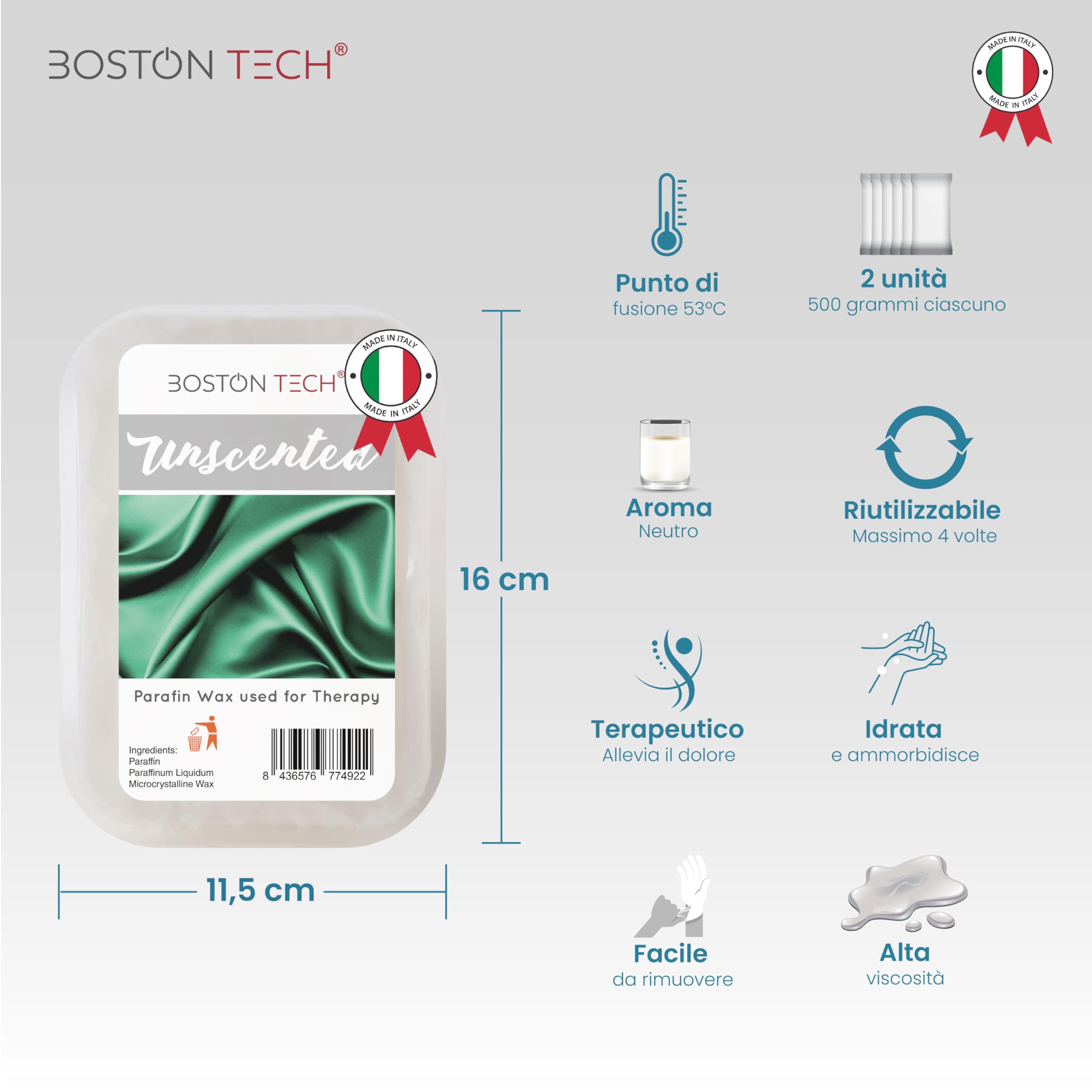 Paraffina Boston Tech per mani e piedi, riabilitazione antiossidante, trattamento di artrite e osteoartrite, idrata e nutre, confezione da 2 blocchi x 500 g Neutro