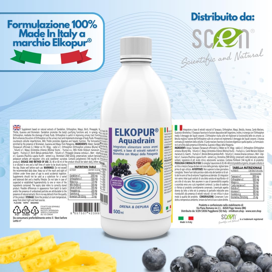 Elkopur Aquadrain – Drenante Liquido con Tarassaco, Orthosiphon, Betulla, Cardo Mariano e Maqui della Patagonia, Estratti Vegetali Selezionati, 3×500 ml, Made in Italy
