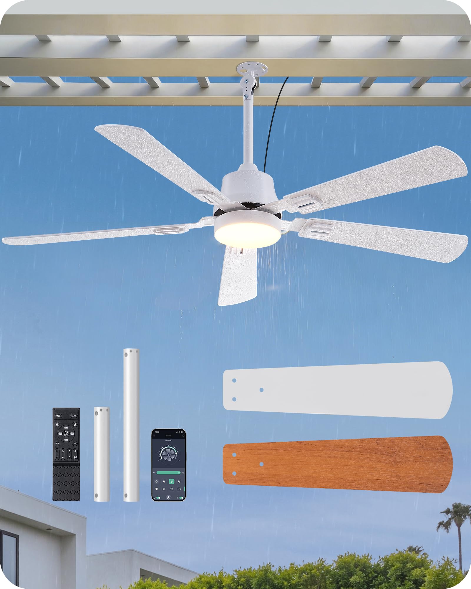 Photo 1 of EDISHINE 52" Outdoor Ceiling Fan with Light, IP66 Waterproof Gazebo Hanging Fan, 5200 CFM, 3CCT, APP/Remote Control, 5 Wood Blade, 6-Speed Winds, Plug in Ceiling Fans for Patios Porch Pergola, White