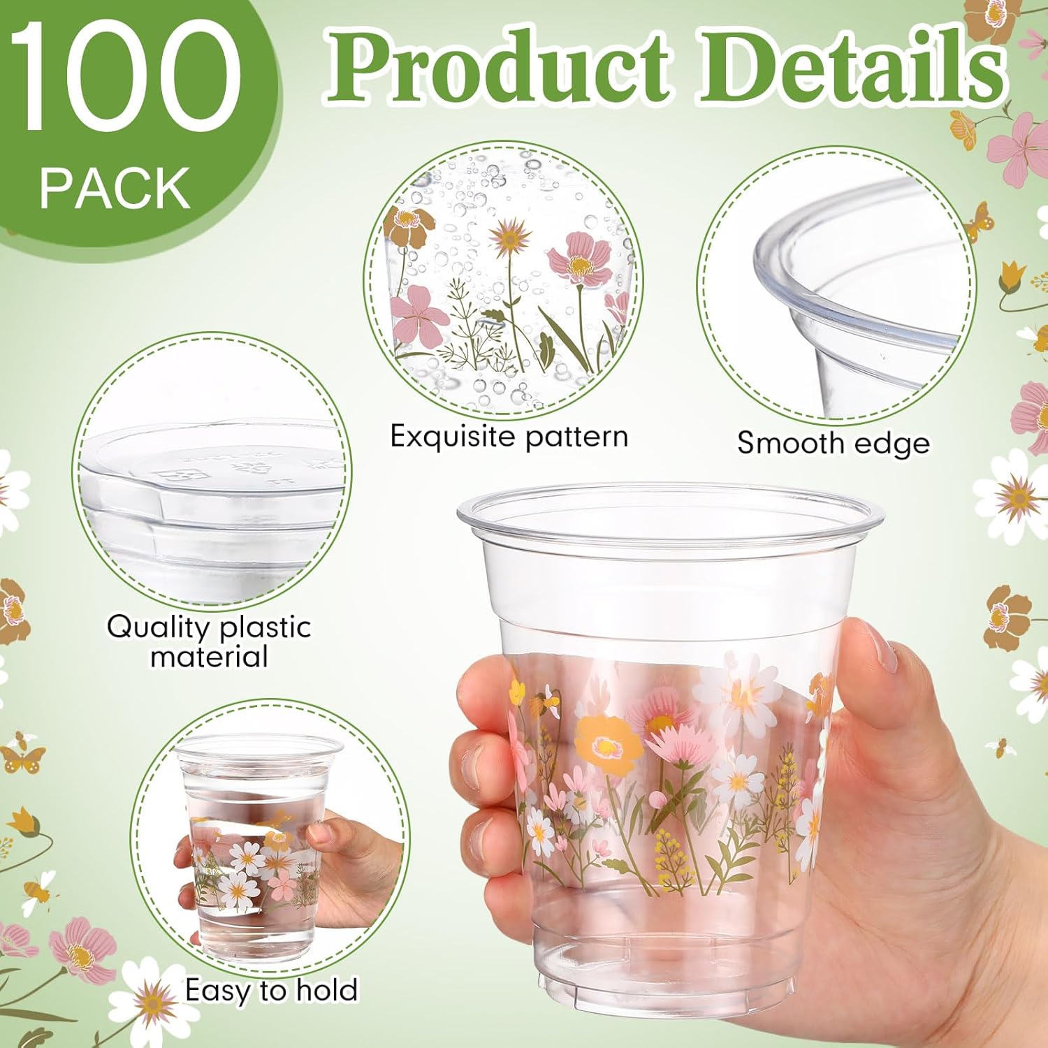 100 Pcs Flower Plastic Cups 12 oz Floral Wildflowers Disposable Clear Drinking Cups Bulk for Summer Spring Wedding Baby Shower Birthday Party Decorations Supplies(Boho Flower,Colorful) - Image 3