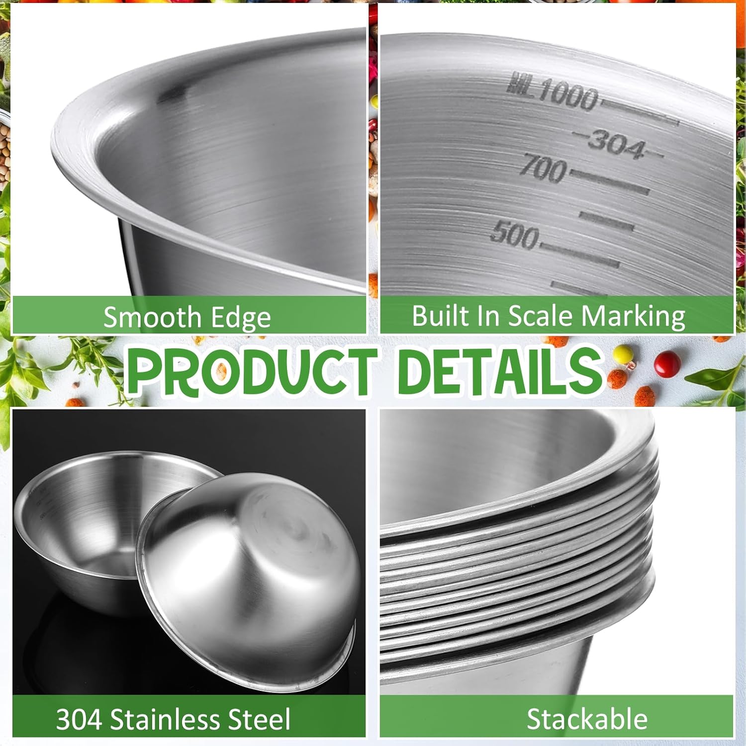 Honeydak 12 Pcs 304 Stainless Steel Mixing Bowls with Graduations, 31 oz Salad Bowls Metal Serving Reusable Baking Food Storage Containers for Baking, Cooking, Making Salads, Soups, Ice Cream, Noodles - Image 3