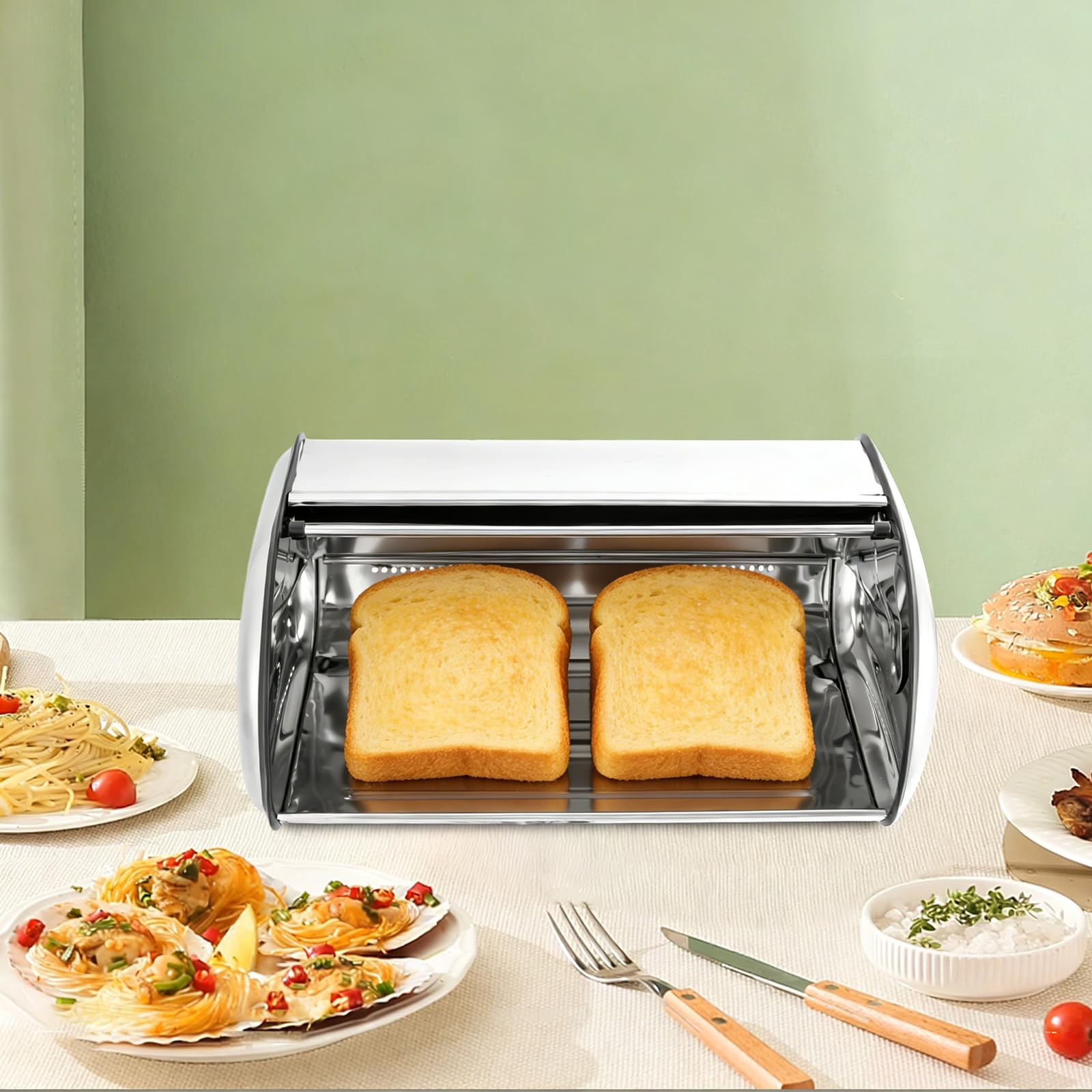 Contenitore per pane in acciaio inox 410, con coperchio arrotolabile, resistente alle zanzare, per pane, pane, pane, biscotti, pane, 43,5 x 27 x 18 cm