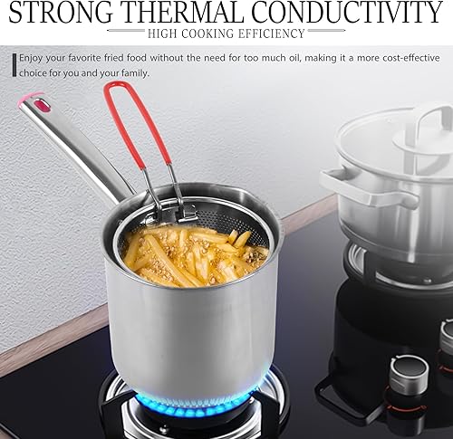 Miniatura 2 de Olla para freír con cesta coladora, olla de acero inoxidable con tapa y asa, mini freidora de aceite de 1.8 litros, freidora portátil, freidora