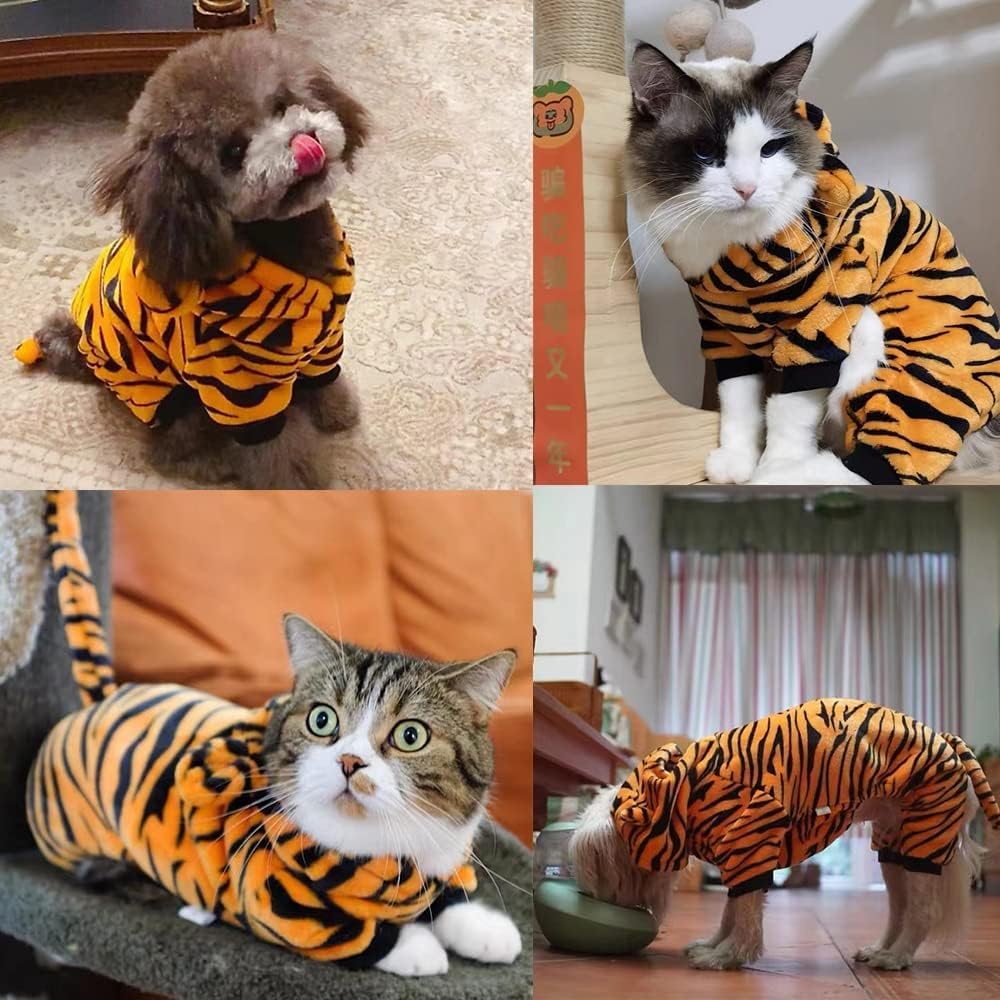 Haustierkostüm-Kollektion, Dinosaurier-Tiger-Bienenmuster, Kapuzenoutfits, warme Winterkleidung, Polyester, kleine Hunde und Katzen, Halloween, Weihnachten, Cosplay (X-Large, Tiger)