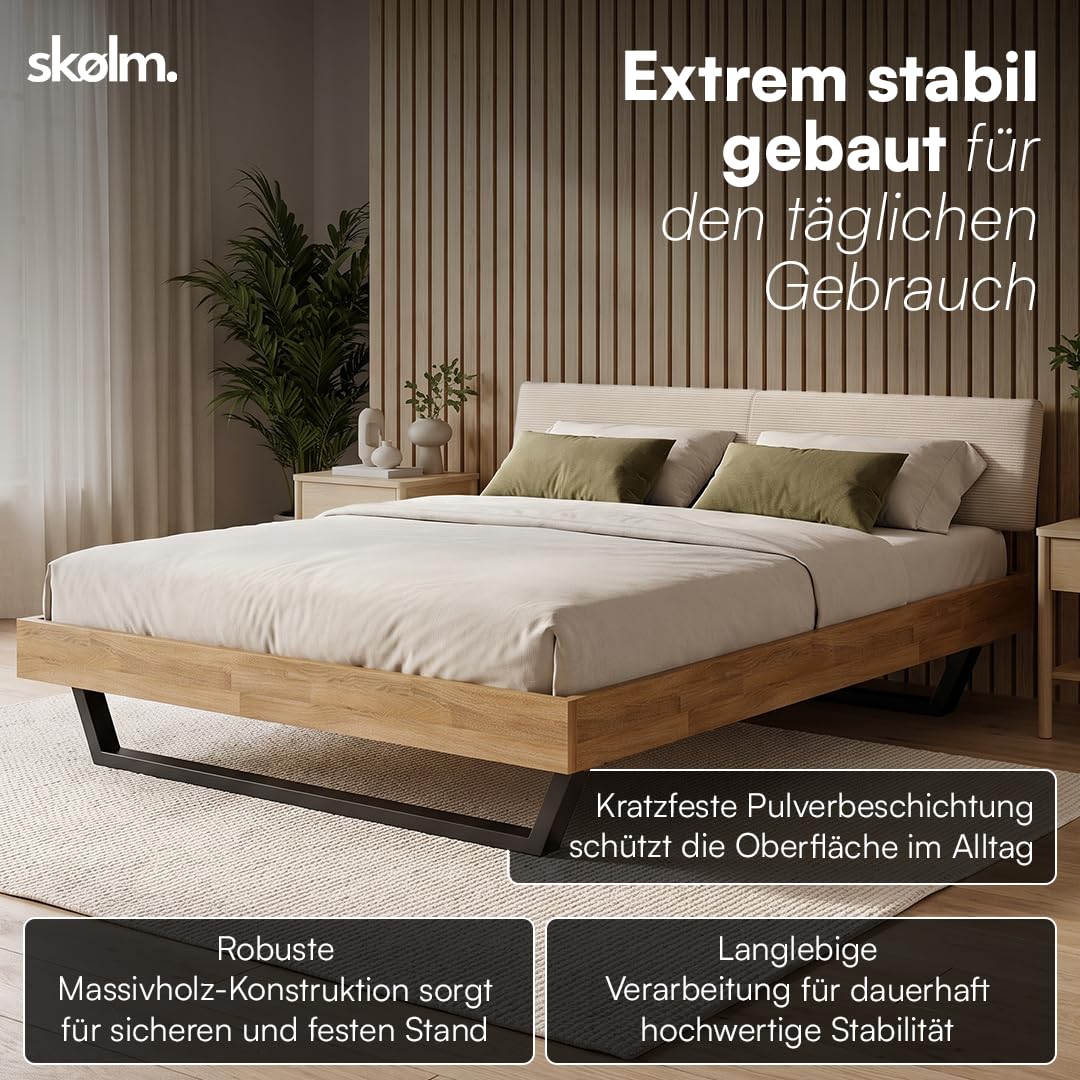 skølm Alver Massivholzbett Eiche 180x200cm, Bettkopf Cord Beige, in Natur