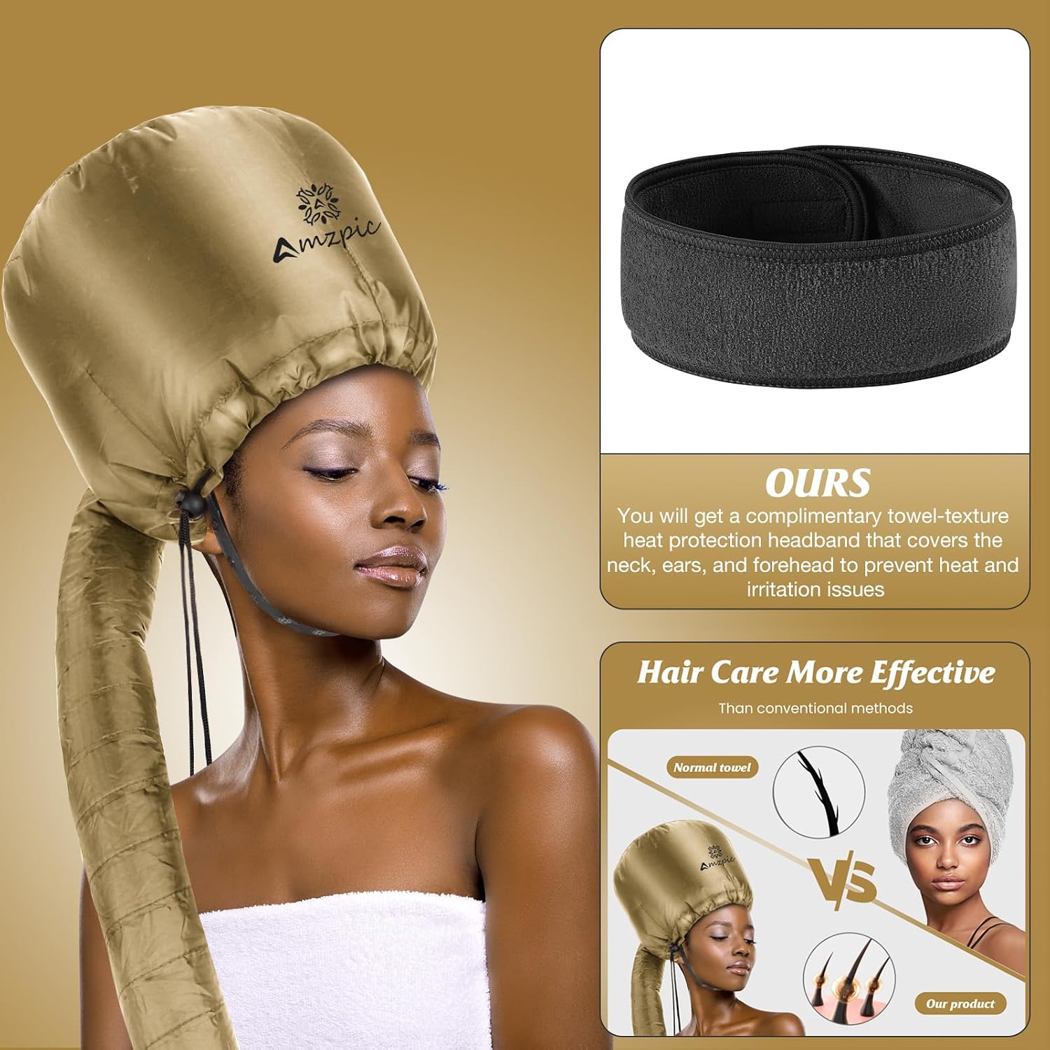Bonnet Hood Hair Dryer Attachment - Soft, Adjustable Extra Large Bonnet Hair Dryer for Speeds Up Drying Time at Home, Easy to Use for Styling, Curling and Deep Conditioning (Gold) image 3