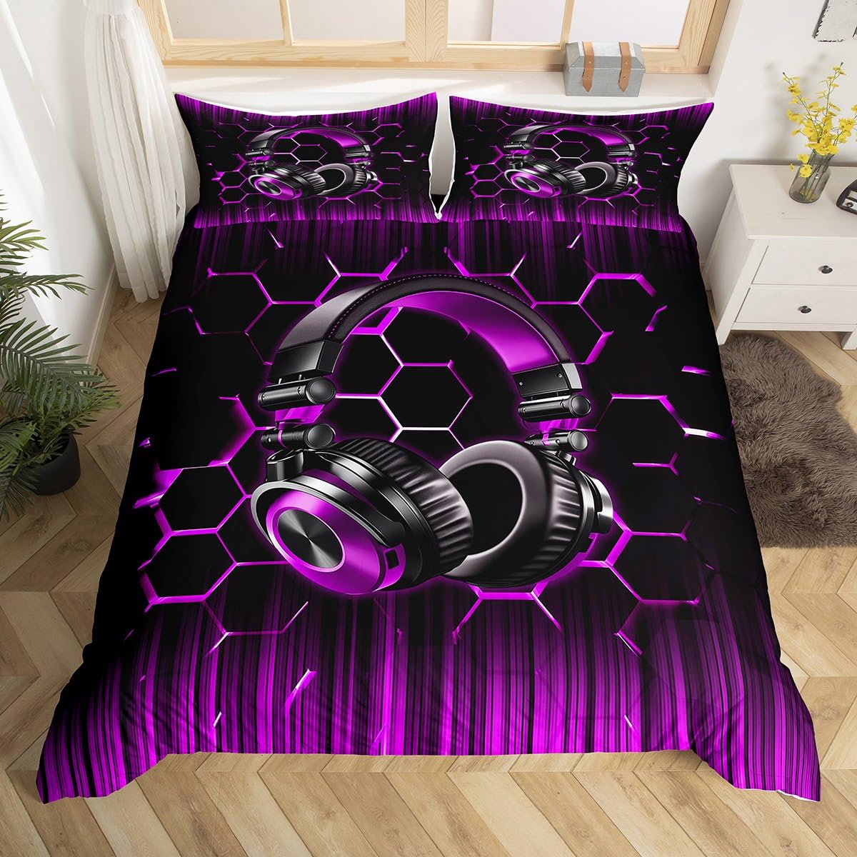 Purple Headset Kids Duvet Cover Set Super King Size, Abstract Ombre Honeycomb Comforter Cover, Modern Geometric Bedding Set for Boys Girls Bedroom Decor, Headphones Bedspread Cover, 2 Pillowcases