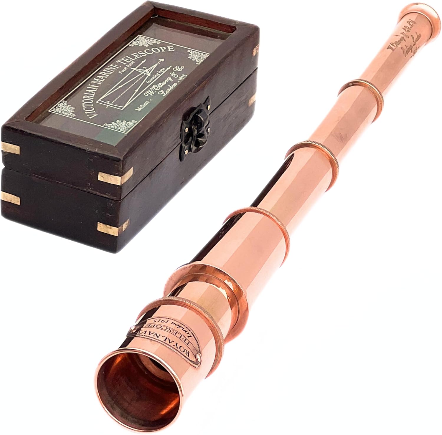 Vintage 1915 Copper Marine Telescope with Wooden Box Antique Royal Navy Spyglass Scope with Glass Cover for Nautical Decor, Collectors & Office Display