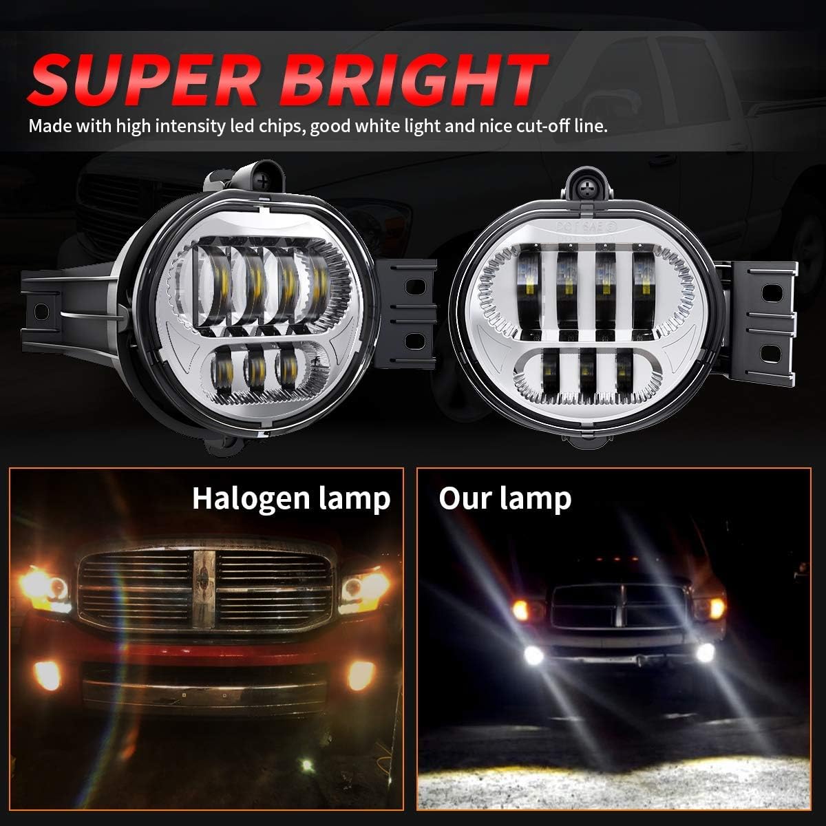XPCTD Upgraded LED Fog Lights for Dodge Ram 1500 2500 3500, 2002-2008 Dodge Ram 1500, 2003-2009 Ram 2500 3500, 2004-2006 Durango Truck, Driver and Passenger Side Chrome