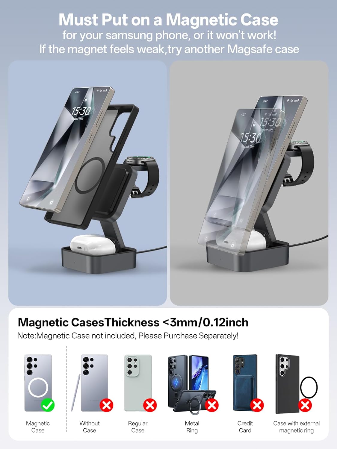 3 in 1 Charging Station for Samsung, Foldable Wireless Charger Station, Travel Magnetic Fast Charger Stand for Galaxy S26-S21/Z Fold/Flip Series, Galaxy Watch Ultra/8-5 & Galaxy Buds Pro/3/2 Series - Image 5