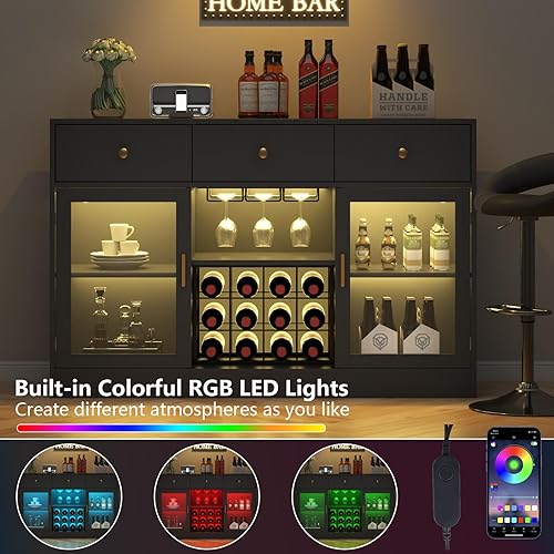 Miniatura 4 de Auromie Gabinete de bar de vinos con luz LED, gabinete de café para el hogar con estante para vino y vidrio, aparador de cocina con cajones de