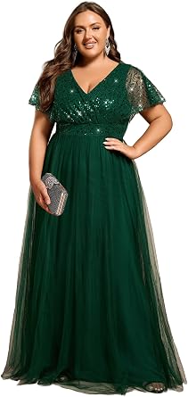 Ever-Pretty Plus Womens V Neck Curvy Short Sleeves A Line Sequin Plus Size Formal Evening Dresses 02223-DA