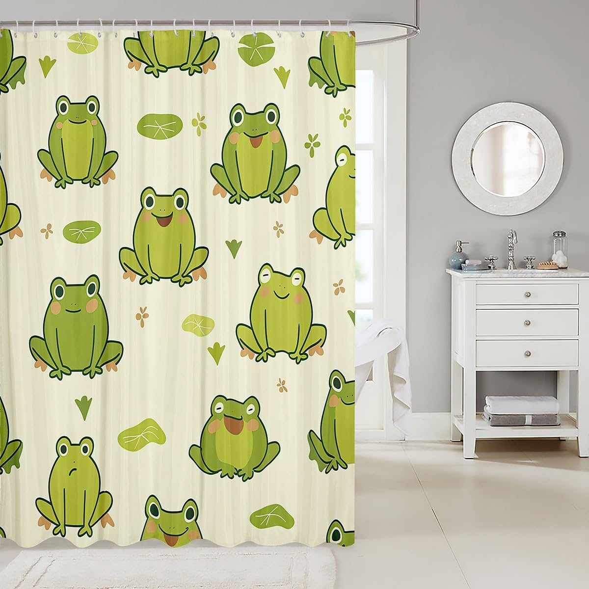 Feelyou Green Frog Bath Curtain Cute Kawaii Shower Curtain Tropical Amphibian Kids Bathroom Shower Curtain Set for Women Men Animal Print Bathroom Accessories 72"x78" image 2