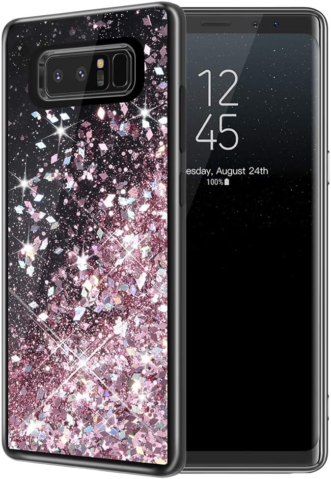 Caka Case for Galaxy Note 8 Glitter Case for Women Girls Liquid Bling Shining Sparkle Luxury Flowing Floating Waterfall Quicksand Girly Soft TPU Black Case for Samsung Galaxy Note 8 (Rose Gold)