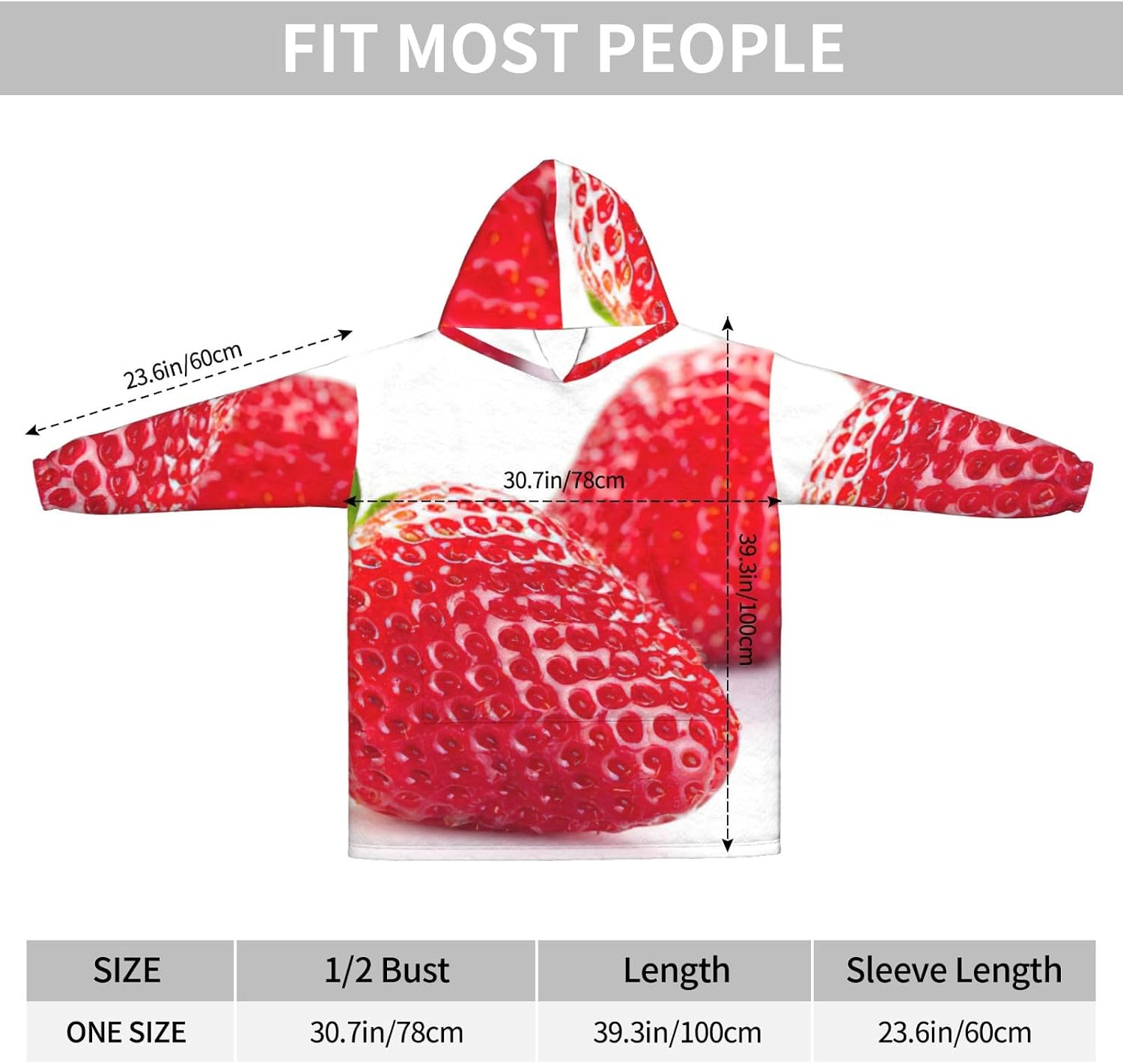 Strawberryprint Oversized Hoodie Blanket, Super Soft Warm Comfortable Hoodie, Wearable Blanket Adult