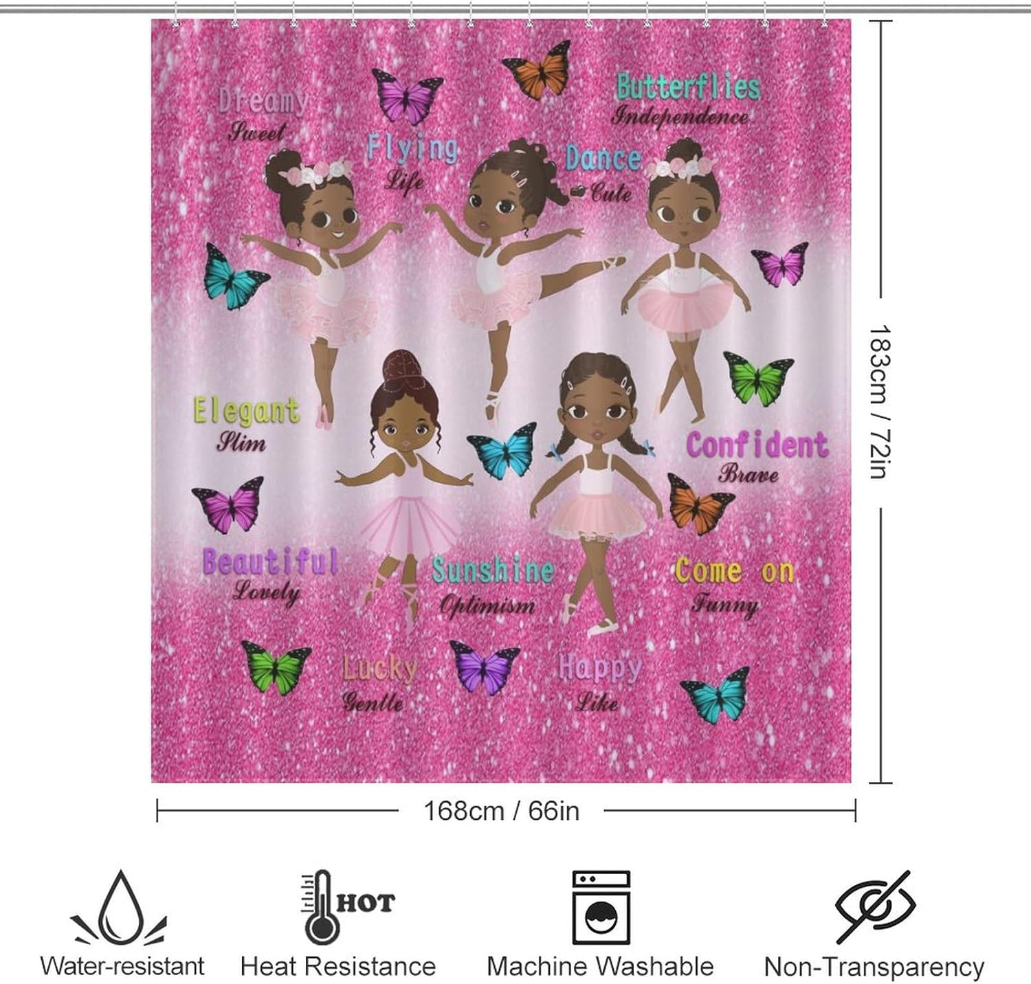 Ballerina Shower Curtain,African America Black Girl Butterfly Pink Glitter Print for Bathroom Bathtubs Curtains Cloth Fabric Home Decor with Hooks Set,66x72Inch