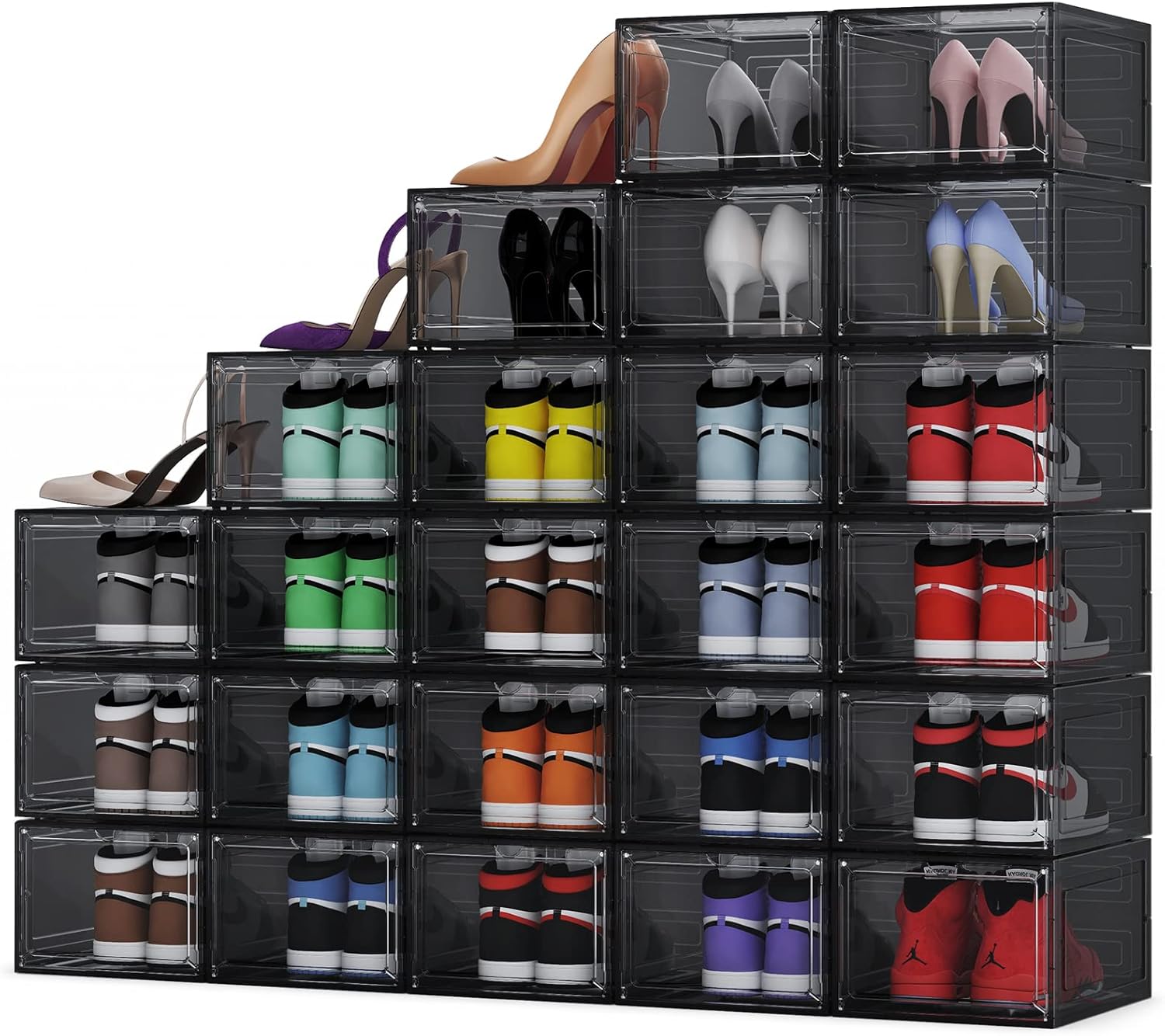 iBune 12 Pack Drop Front Shoe Storage Boxes, Clear Plastic Shoe Organizer for Closet, Easy Assembly, Stackable Foldable Shoe Containers for Display Sneakers Boots, Fit US Size up to 12, Black : Clothing, Shoes & Jewelry