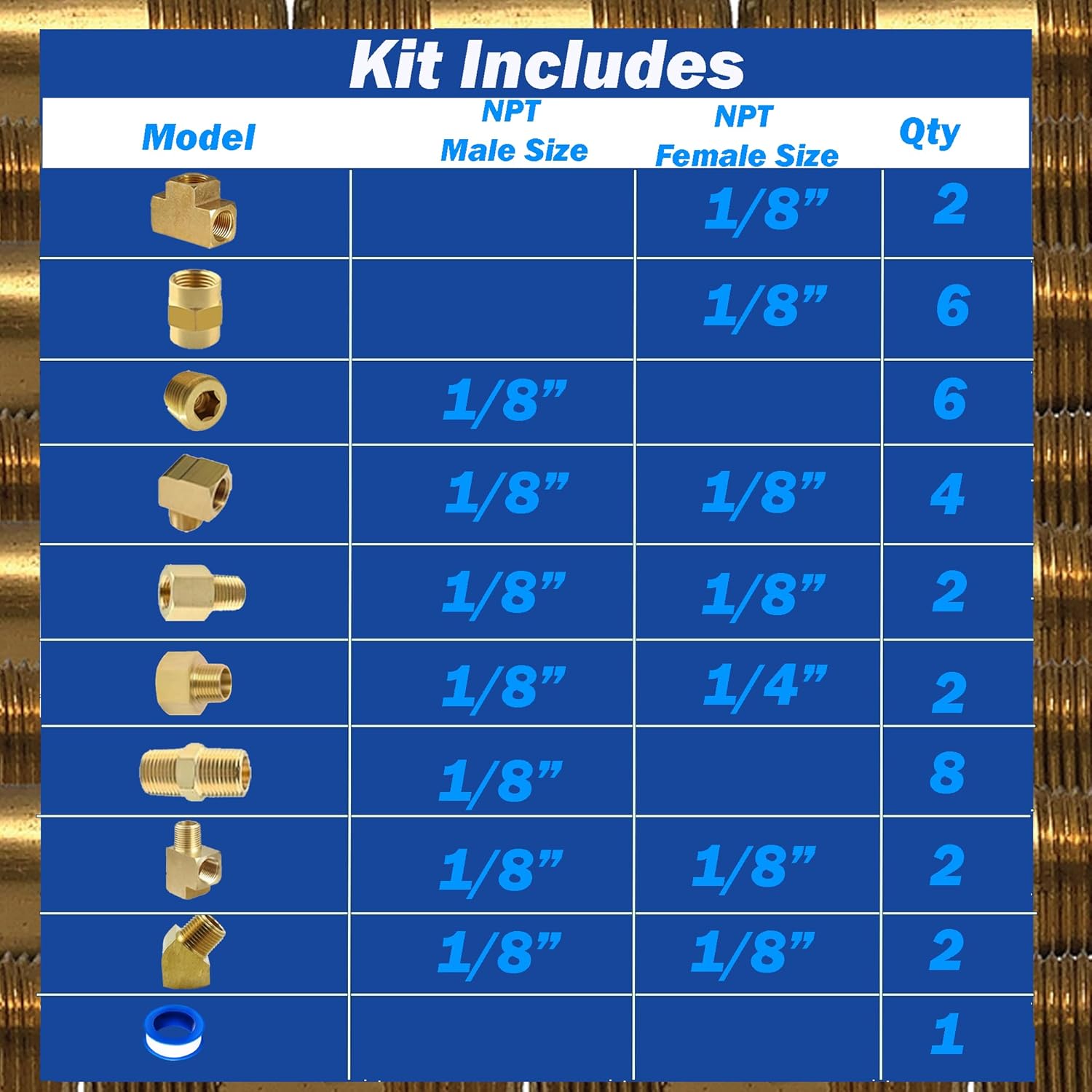 Brass Fittings Assorted 1/8" NPT Kit, 35pcs Female Tee, Coupler, Pipe Plug, Extension, Reducing Adapter, Metric Hex Nipple, Street Tee, 90 and 45 Degree Street Elbow