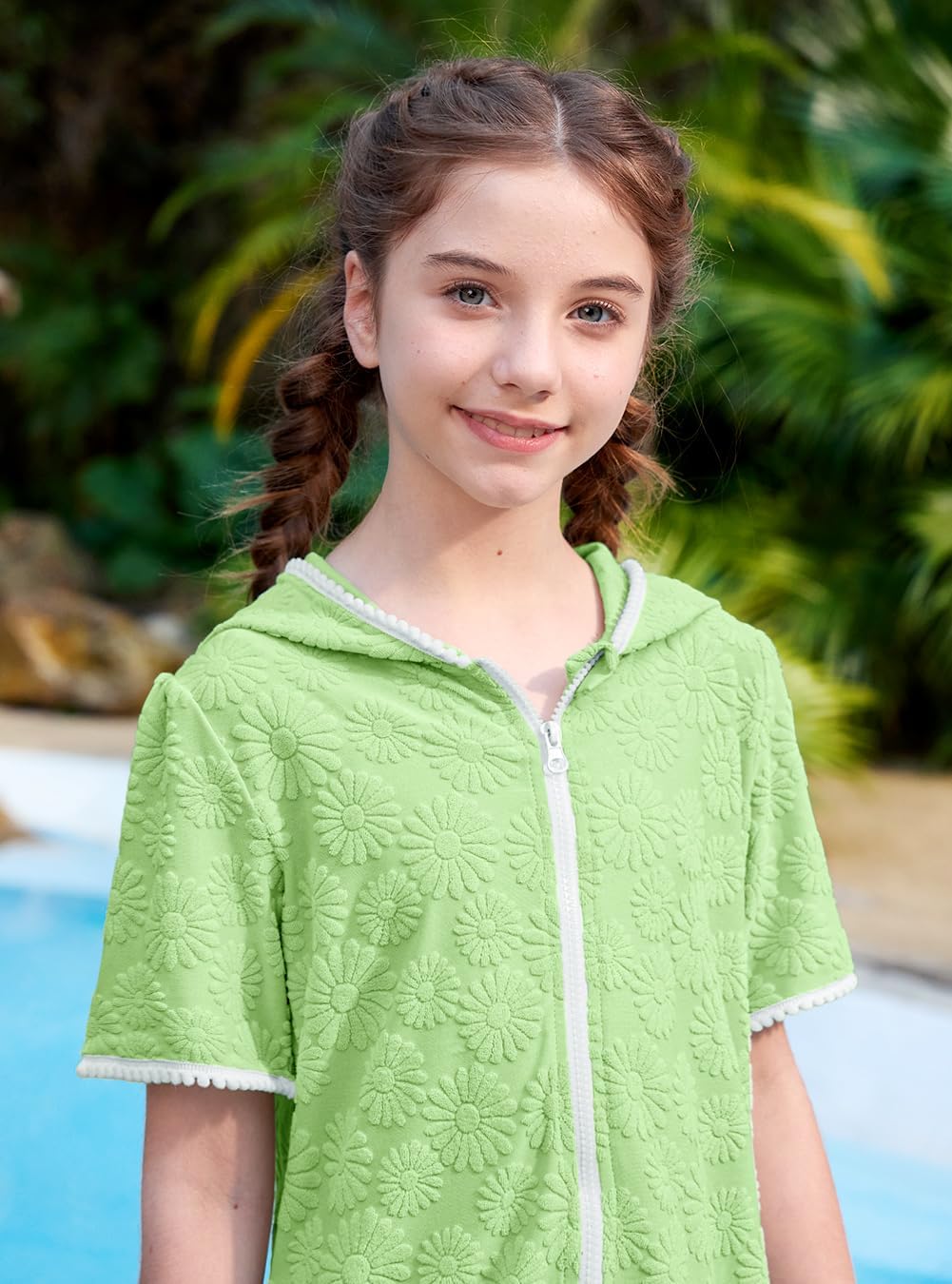 BesserBay Girls Summer Beach Quick Dry Cover Up Ruffle Hem Terry Smocked Hooded 4-14 Years with Pockets - Image 6