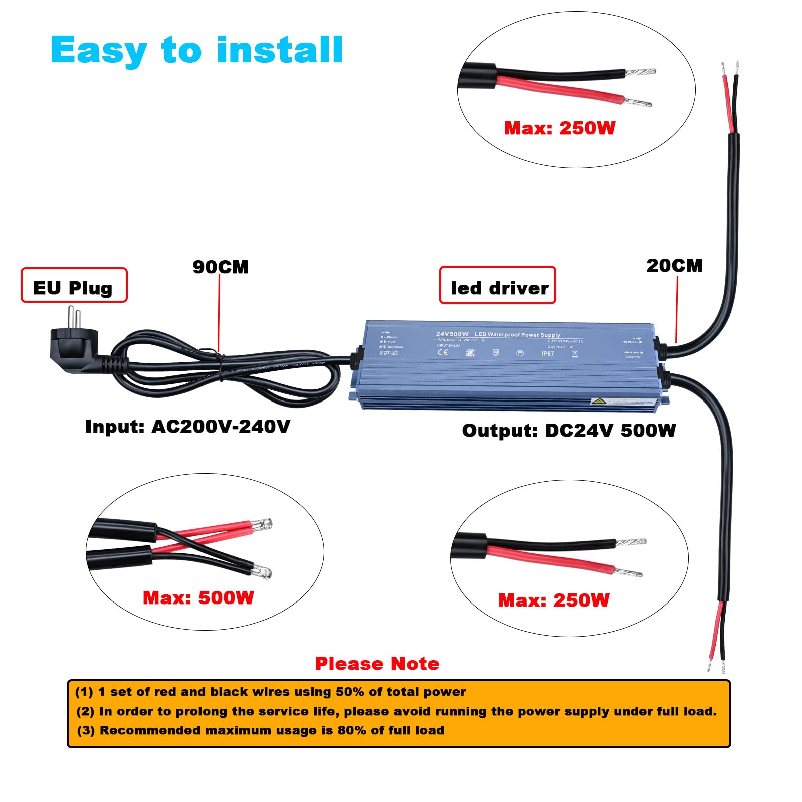TOPAI Alimentatore 24V 500W CE IP67 Impermeabile, AC 200-240V a DC 24V 20.8A, per Illuminazione Professionale, Strisce LED, Proiettori, Faretto Esterno/Interno