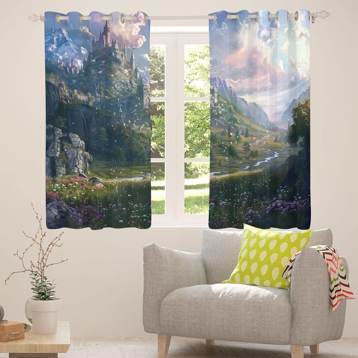 YELDAN Castle Curtains 63 Inch Length 2 Panels Set, Fairy Tale Children Blackout Curtains for Bedroom Living Room, Room Darkening Thermal Insulated Grommet Curtains & Drapes, Window Treatments