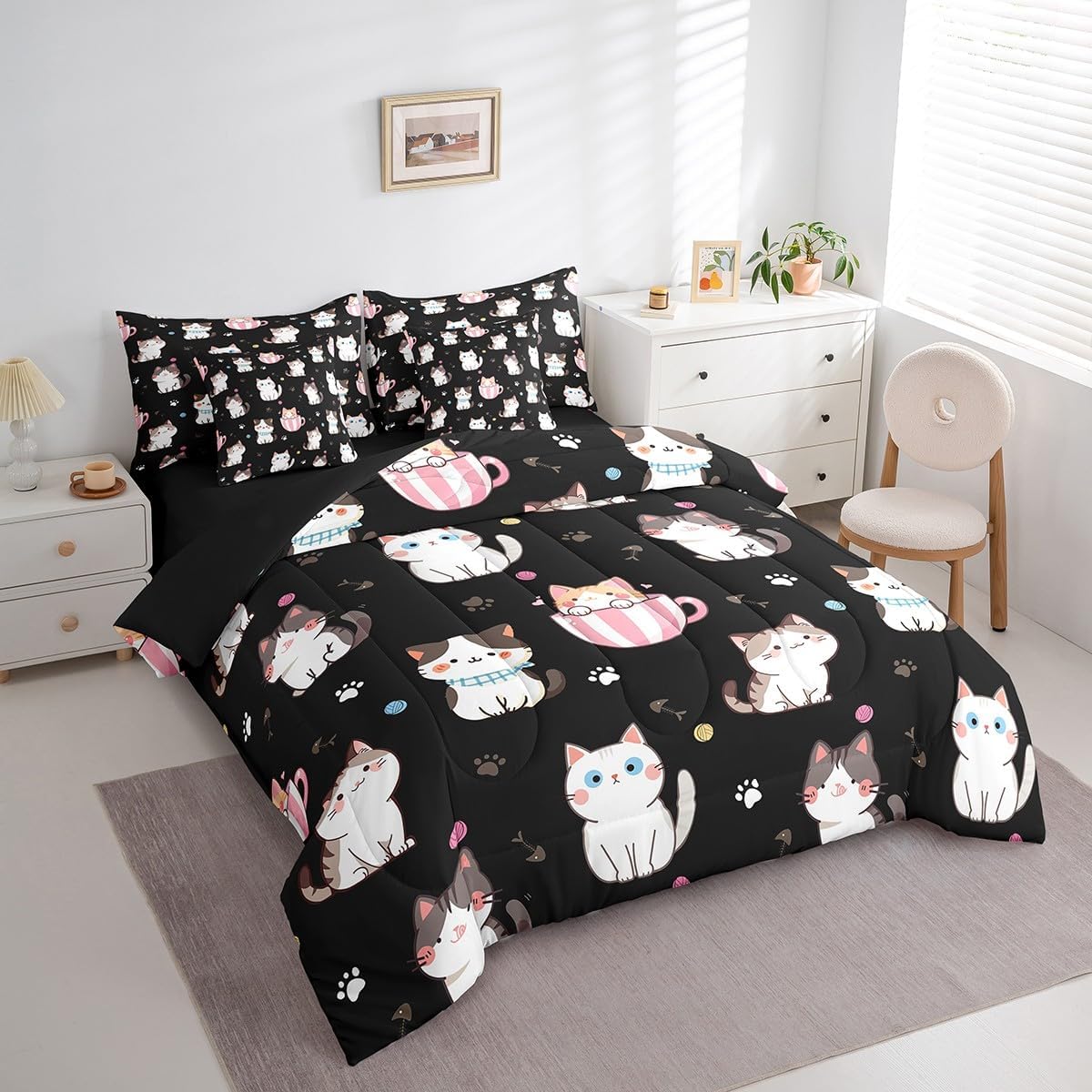 Feelyou Toddler Cat Bed in a Bag for Kids Boys Girls Cats Print Queen Comforter Set with Sheets Cute Cartoon Design 7 Pieces Bedding Set Bedroom Decor Cute Kitten Bed Set Animal, Black