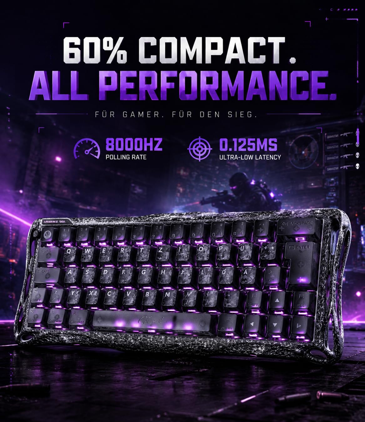 GravaStar Mercury V60 Pro 60% klawiatura do gier z efektem Hall, układ QWERTZ, częstotliwość 8000Hz, klawiatura z szybkim spustem, 0,005mm RT, magnetyczne przełączniki, SnapKey, aluminiowe CNC