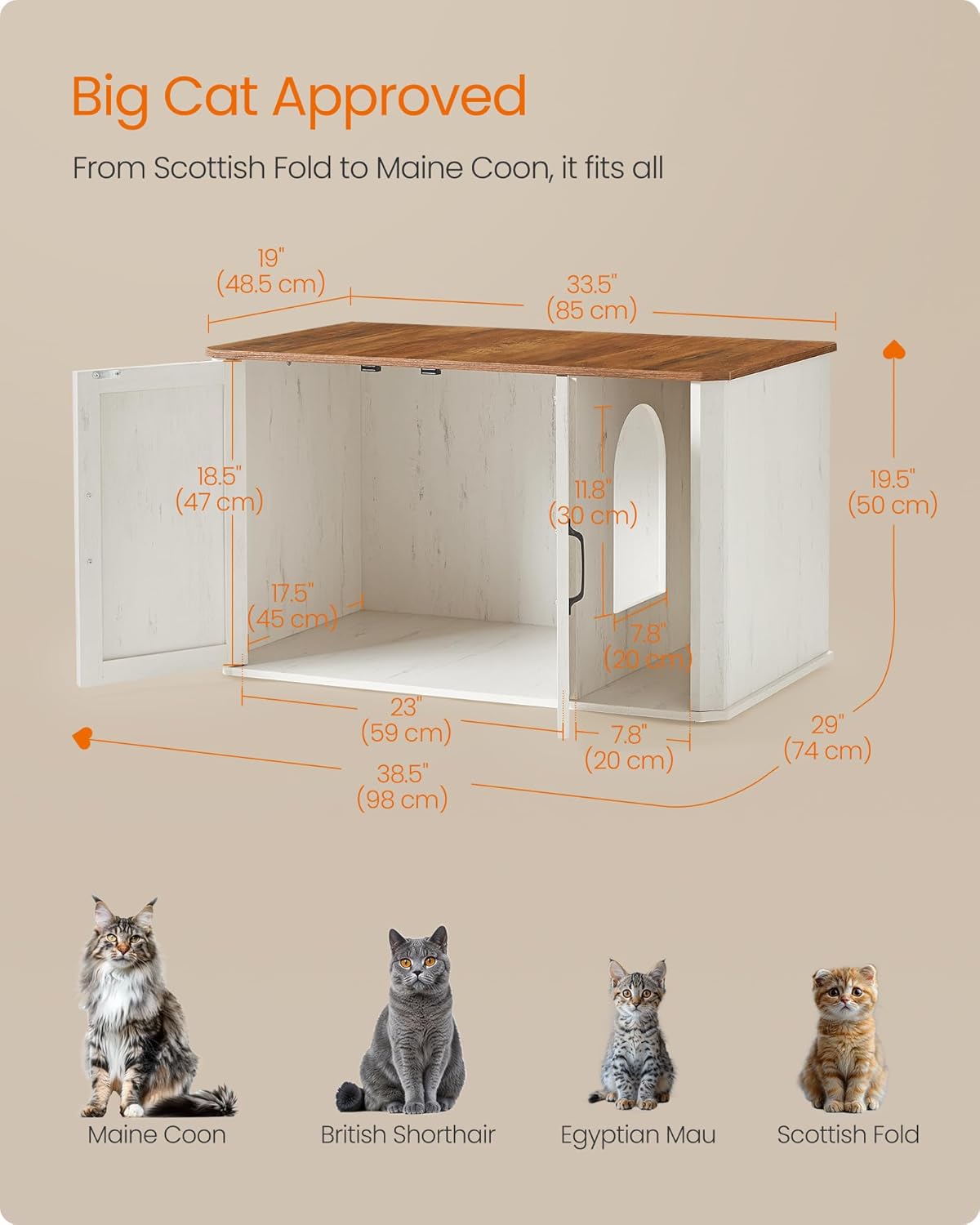 Feandrea Litter Box Enclosure, Modern Cat Litter Box Furniture Hidden, Front Entry, Double Doors, Handles, Cat House, Side End Table, 33.5 x 19 x 19.5 Inches, Honey Brown and Rustic White UPCL012K01