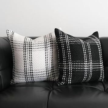 Set of 2 Black and White Neutral Throw Pillow Covers 18x18 In, Buffalo Plaid Pillow Covers for Bed,Black and White Checked Square Pillow Cover for Sofa Couch Black Cushion Covers for Living Room