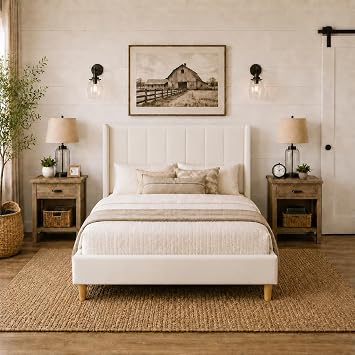Upholstered Bed Frame with Wingback Headboard and Wood Slats Cream-Velvet, Twin
